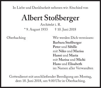 Traueranzeige von Albert Stoßberger von Süddeutsche Zeitung