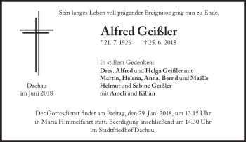 Traueranzeige von Alfred Geißler von Süddeutsche Zeitung