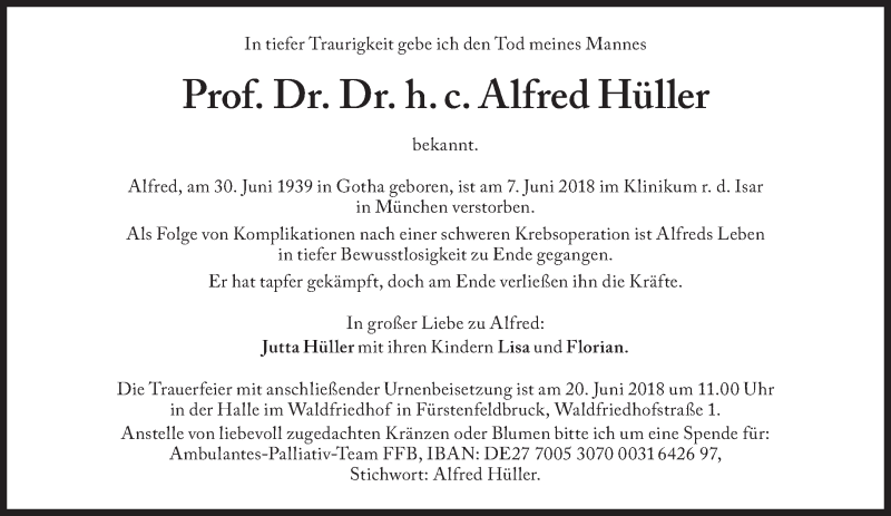  Traueranzeige für Alfred Hüller vom 13.06.2018 aus Süddeutsche Zeitung