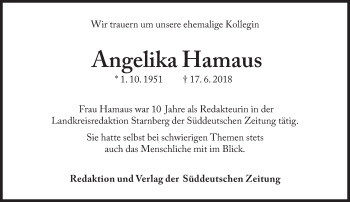 Traueranzeige von Angelika Hamaus von Süddeutsche Zeitung