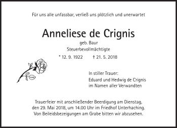 Traueranzeige von Anneliese de Crignis von Süddeutsche Zeitung