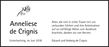 Traueranzeige von Anneliese de Crignis von Süddeutsche Zeitung