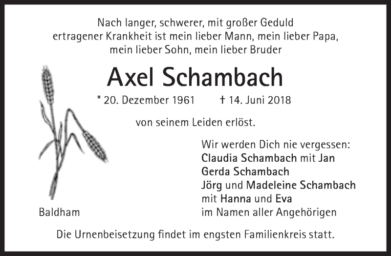  Traueranzeige für Axel Schambach vom 16.06.2018 aus Süddeutsche Zeitung