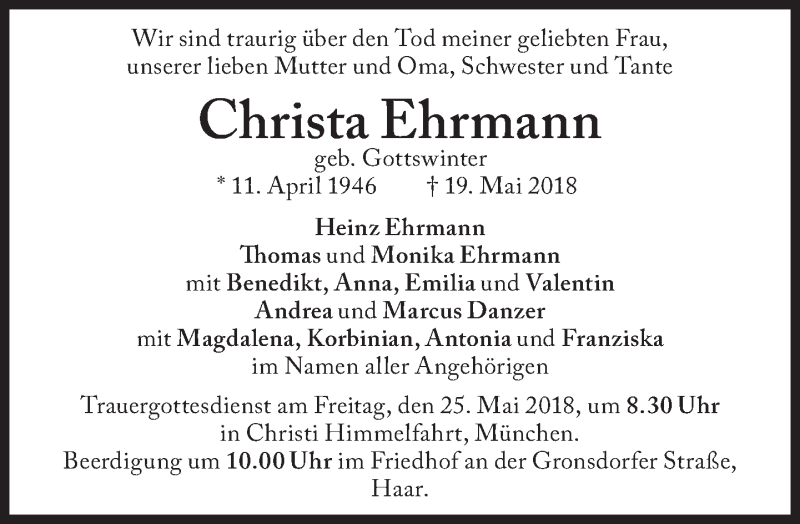  Traueranzeige für Christa Ehrmann vom 23.05.2018 aus Süddeutsche Zeitung