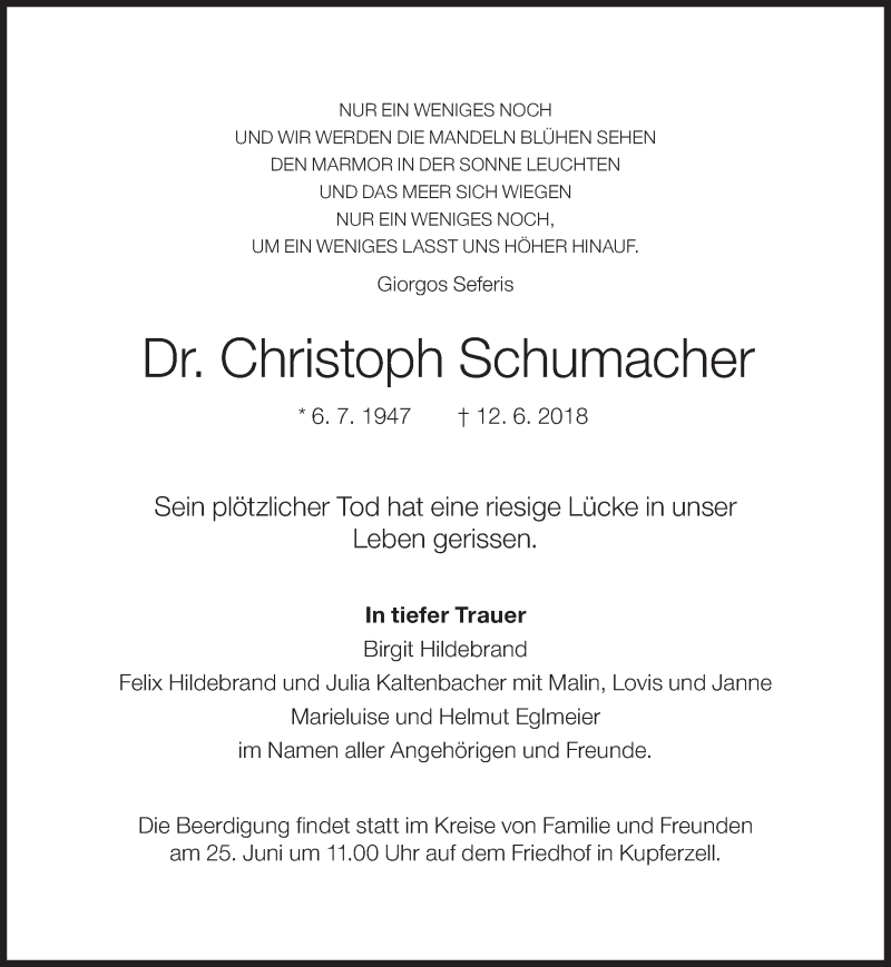  Traueranzeige für Christoph Schumacher vom 16.06.2018 aus Süddeutsche Zeitung
