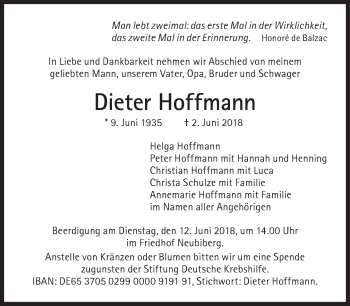 Traueranzeige von Dieter Hoffmann von Süddeutsche Zeitung