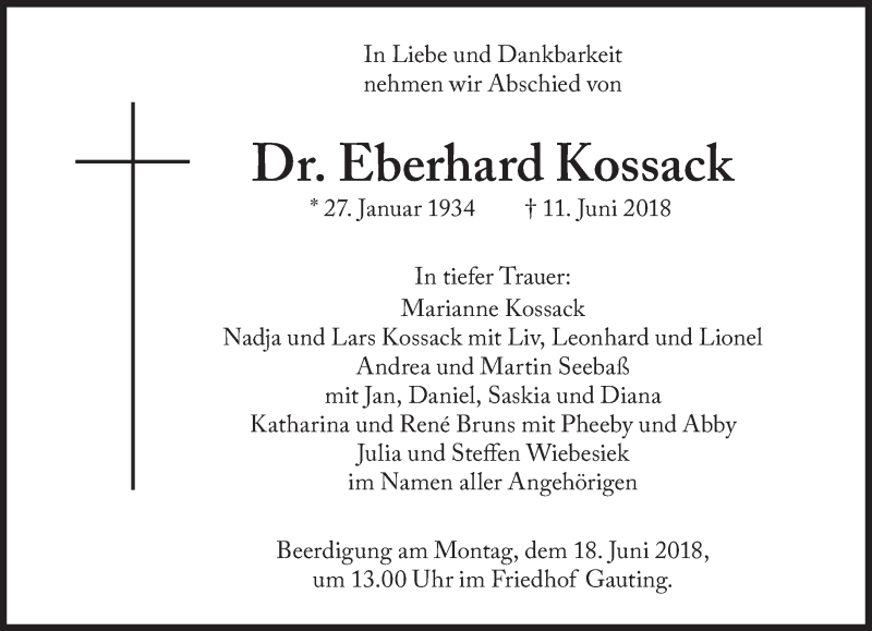  Traueranzeige für Eberhard Kossack vom 15.06.2018 aus Süddeutsche Zeitung