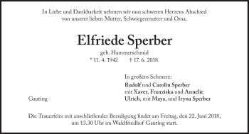 Traueranzeige von Elfriede Sperber von Süddeutsche Zeitung