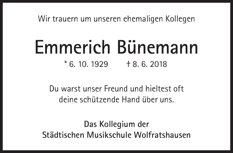  Traueranzeige für Emmerich Bünemann vom 16.06.2018 aus Süddeutsche Zeitung