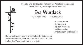 Traueranzeige von Eva Wurdack von Süddeutsche Zeitung