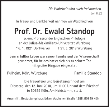 Traueranzeige von Ewald Standop von Süddeutsche Zeitung
