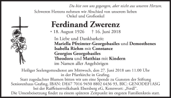 Traueranzeige von Ferdinand Zwerenz von Süddeutsche Zeitung
