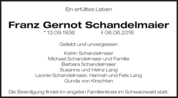 Traueranzeige von Franz Gernot Schandelmaier von Süddeutsche Zeitung
