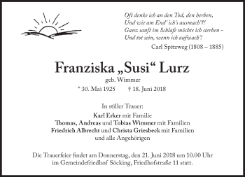 Traueranzeige von Franziska  Lurz von Süddeutsche Zeitung