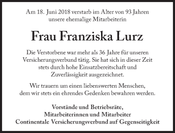 Traueranzeige von Franziska  Lurz von Süddeutsche Zeitung