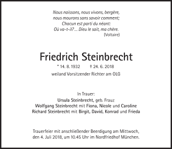 Traueranzeige von Friedrich Steinbrecht von Süddeutsche Zeitung
