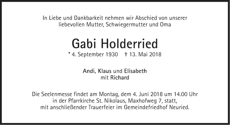  Traueranzeige für Gabi Holderried vom 26.05.2018 aus Süddeutsche Zeitung