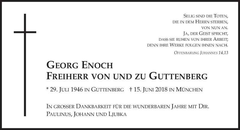  Traueranzeige für Enoch Freiherr von und zu Guttenberg vom 27.06.2018 aus Süddeutsche Zeitung