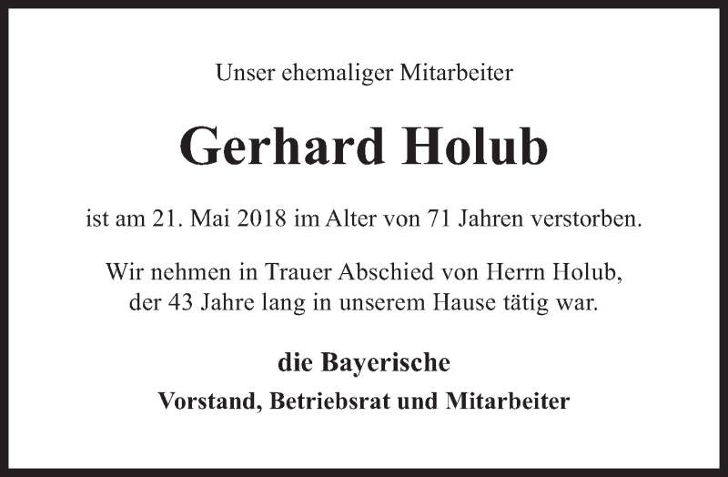  Traueranzeige für Gerhard Holub vom 24.05.2018 aus Süddeutsche Zeitung