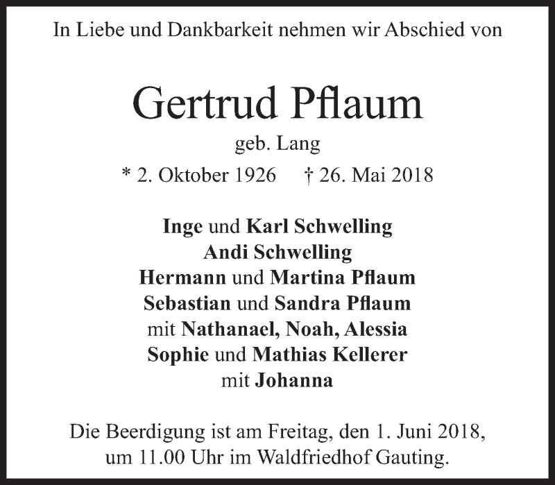  Traueranzeige für Gertrud Pflaum vom 30.05.2018 aus Süddeutsche Zeitung