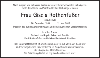 Traueranzeige von Gisela Rothenfußer von Süddeutsche Zeitung