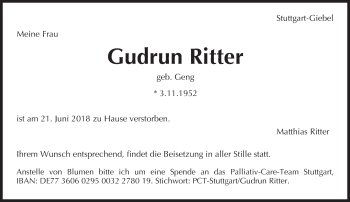 Traueranzeige von Gudrun Ritter von Süddeutsche Zeitung