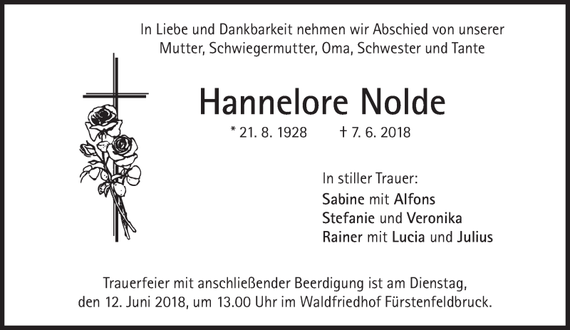  Traueranzeige für Hannelore Nolde vom 09.06.2018 aus Süddeutsche Zeitung