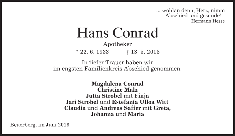  Traueranzeige für Hans Conrad vom 09.06.2018 aus Süddeutsche Zeitung