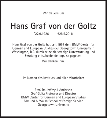 Traueranzeige von Hans  Graf von der Goltz von Süddeutsche Zeitung