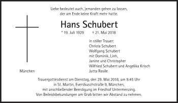Traueranzeige von Hans Schubert von Süddeutsche Zeitung