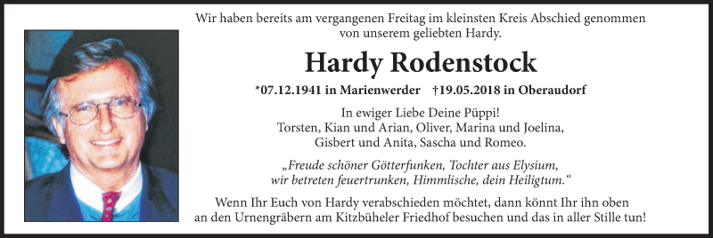  Traueranzeige für Hardy Rodenstock vom 30.05.2018 aus Süddeutsche Zeitung