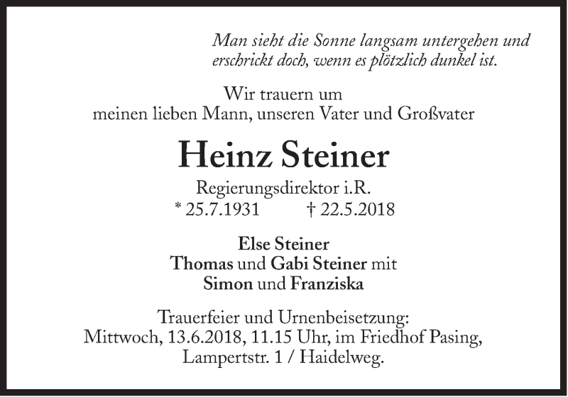  Traueranzeige für Heinz Steiner vom 02.06.2018 aus Süddeutsche Zeitung