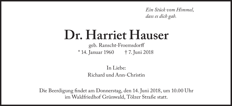  Traueranzeige für Herriet Hauser vom 12.06.2018 aus Süddeutsche Zeitung