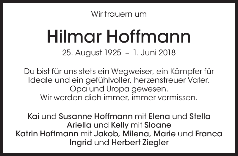  Traueranzeige für Hilmar Hoffmann vom 09.06.2018 aus Süddeutsche Zeitung