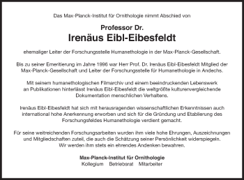 Traueranzeige von Irenäus Eibl-Eibesfeldt von Süddeutsche Zeitung