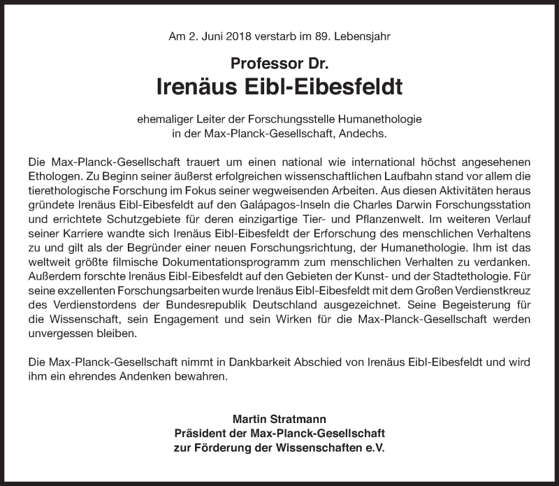  Traueranzeige für Irenäus Eibl-Eibesfeldt vom 09.06.2018 aus Süddeutsche Zeitung
