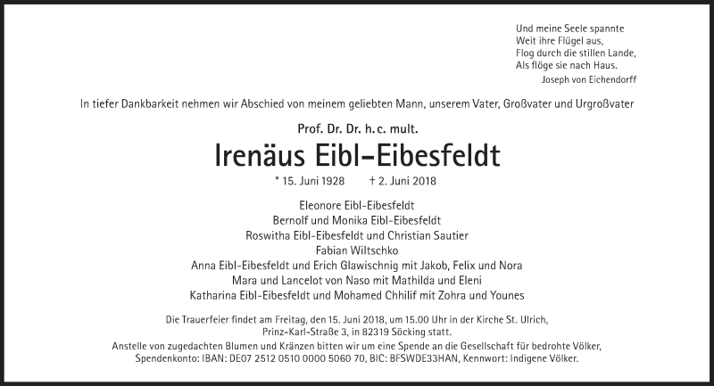  Traueranzeige für Irenäus Eibl-Eibesfeldt vom 09.06.2018 aus Süddeutsche Zeitung