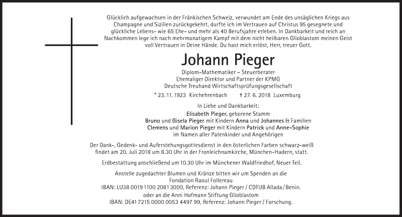  Traueranzeige für Johann Pieger vom 30.06.2018 aus Süddeutsche Zeitung