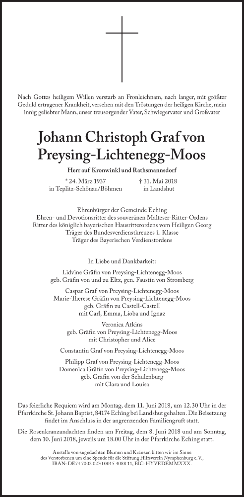  Traueranzeige für Johann Christoph Preysing-Lichtenegg-Moos vom 05.06.2018 aus Süddeutsche Zeitung