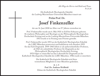 Traueranzeige von Josef Finkenzeller von Süddeutsche Zeitung