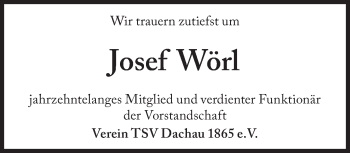 Traueranzeige von Josef Wörl von Süddeutsche Zeitung