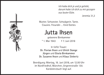 Traueranzeige von Jutta Ihsen von Süddeutsche Zeitung
