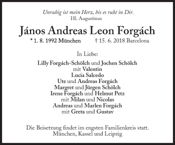 Traueranzeige von János Andreas Leon Forgách von Süddeutsche Zeitung