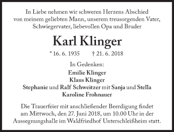 Traueranzeige von Karl Klinger von Süddeutsche Zeitung