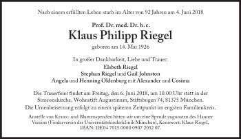 Traueranzeige von Klaus Riegel von Süddeutsche Zeitung