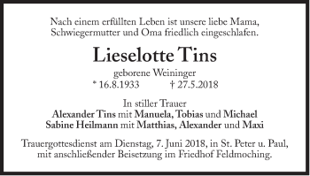 Traueranzeige von Lieselotte Tins von Süddeutsche Zeitung