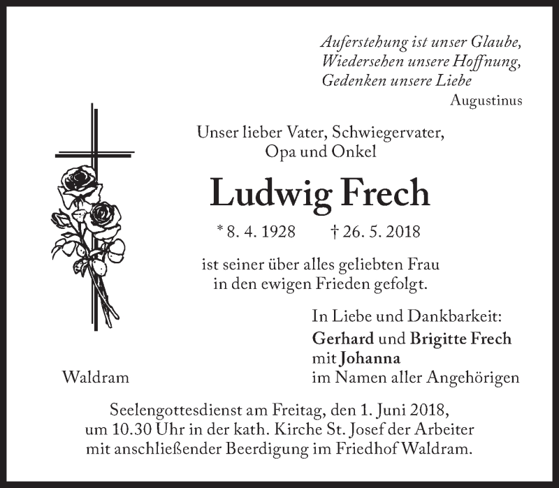  Traueranzeige für Ludwig Frech vom 29.05.2018 aus Süddeutsche Zeitung