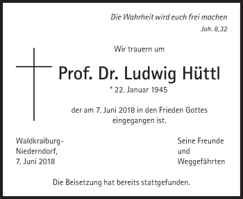 Traueranzeige von Ludwig Hüttl von Süddeutsche Zeitung
