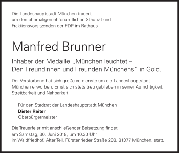 Traueranzeige von Manfred Brunner von Süddeutsche Zeitung