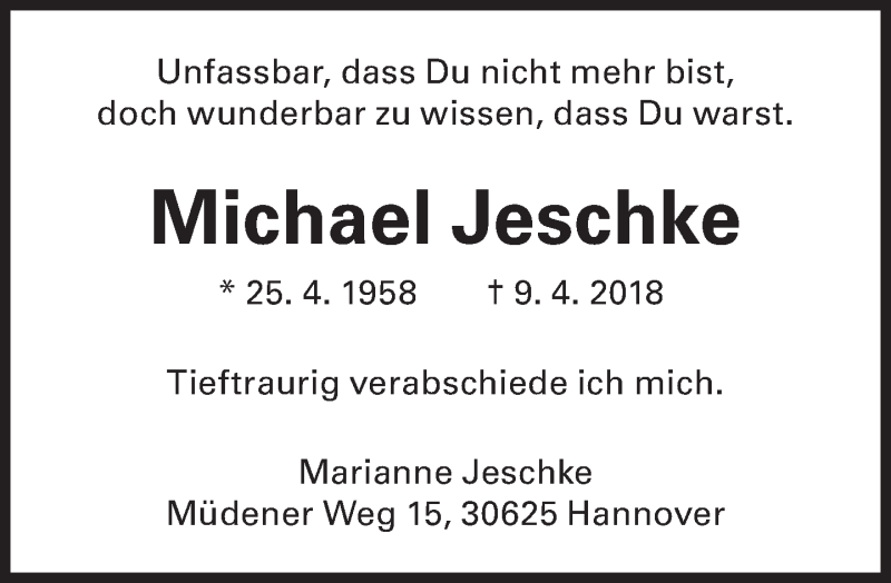  Traueranzeige für Michael Jeschke vom 12.06.2018 aus Süddeutsche Zeitung